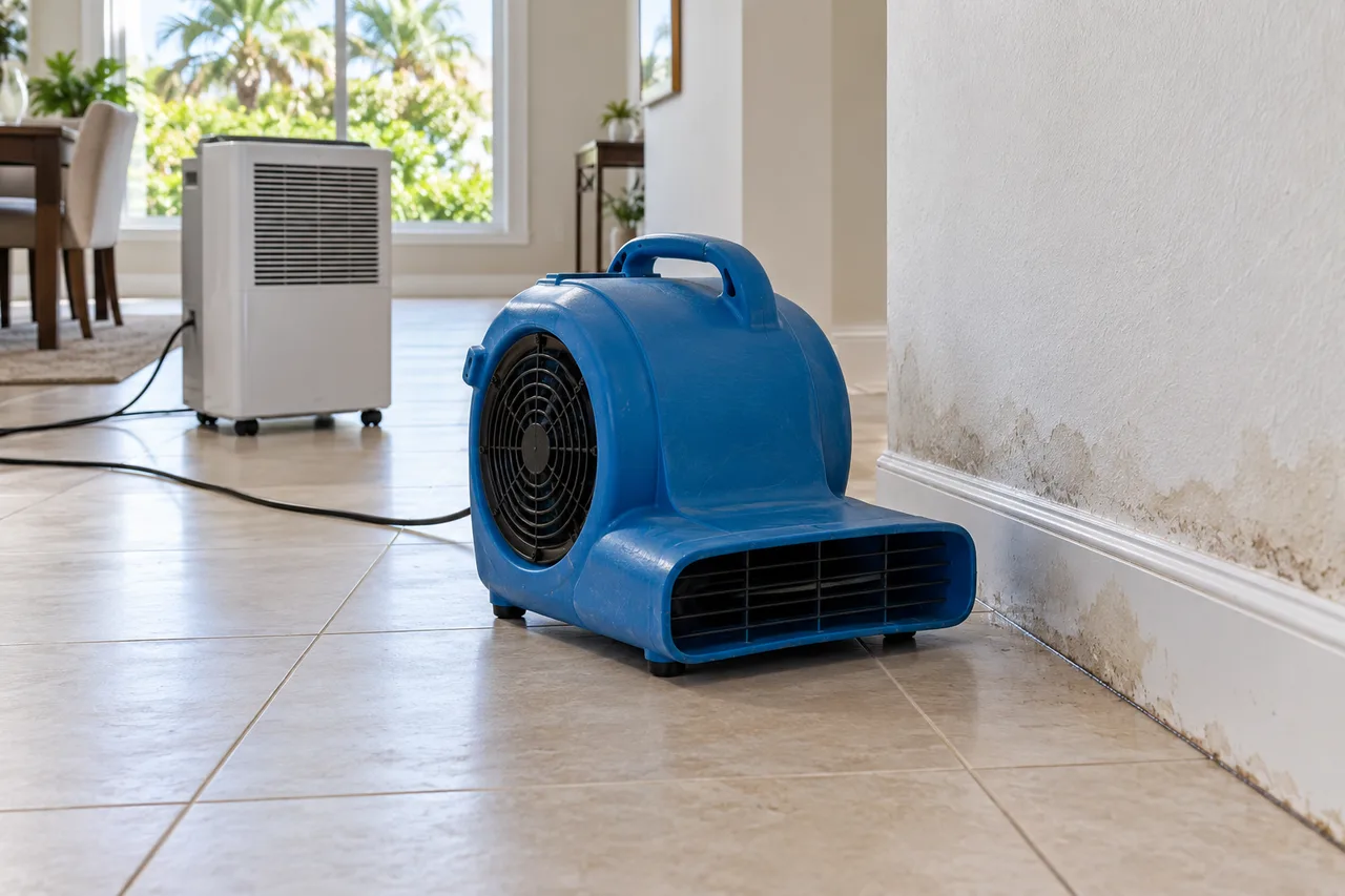 Air mover and dehumidifier beside a damp interior wall