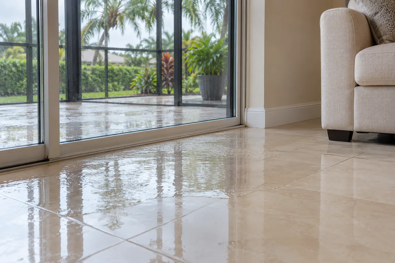 Shallow water on tile beside a patio door in a Florida-style home